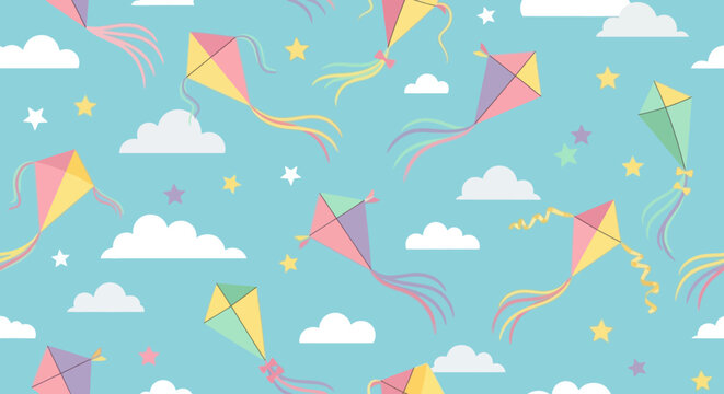 Children's Play Flat Design Seamless Pattern: Colorful Kites, Clouds, and Stars in Blue Sky