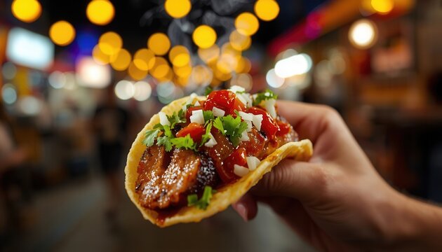 Taco Temptation: A close-up shot of a hand holding a savory taco, brimming with vibrant ingredients, with a background of soft focus lights that suggests a bustling eatery and whetting your appetite.