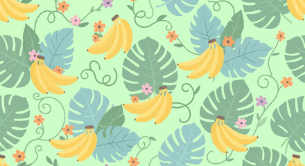 Tropical Summer Food Bananas and Monstera Leaves Flat Seamless Pattern