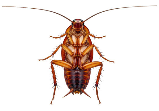 a single, reddish-brown german cockroach with detailed chitinous exoskeleton structure, shown in a high-contrast macro close-up on a sterile white background, conveying required hygiene and pest