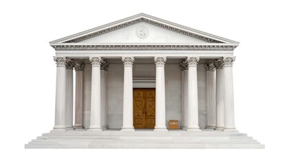 Fototapeta premium A classical architectural structure with columns and a triangular pediment. A set of double doors are at the center