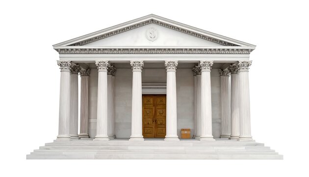 A classical architectural structure with columns and a triangular pediment. A set of double doors are at the center
