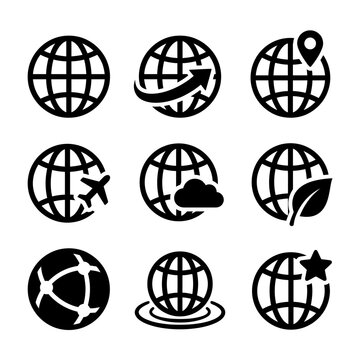 Set of black globe earth vector icons for web and mobile applications.