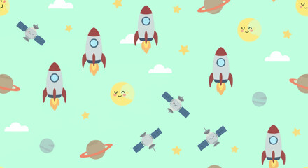 Fototapeta premium Children's Space Flat Cartoon Seamless Pattern with Rockets, Planets, and Satellites