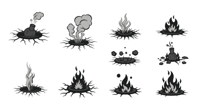 Monochrome Vector Eruption  Hazard Line Art Icons Set: Fire, Smoke, Geyser, Ground Cracks