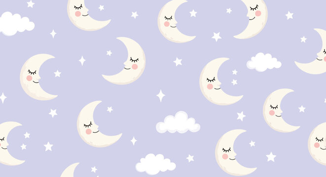 Cute Sleeping Moon Stars and Clouds Vector Pattern for Baby Nursery Design