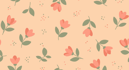 Fototapeta premium Minimalist Flat Design Seamless Floral Pattern with Pink Flowers and Leaves for Nature Lifestyle