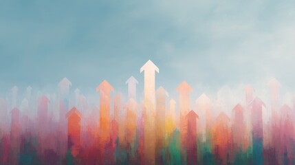 Fototapeta premium Abstract Colorful Arrows Rising Up Against Blue Sky Background, Symbolizing Growth, Aspiration, and Possibilities