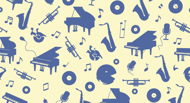 Jazz Music Instruments Flat Vector Seamless Pattern for Entertainment Background