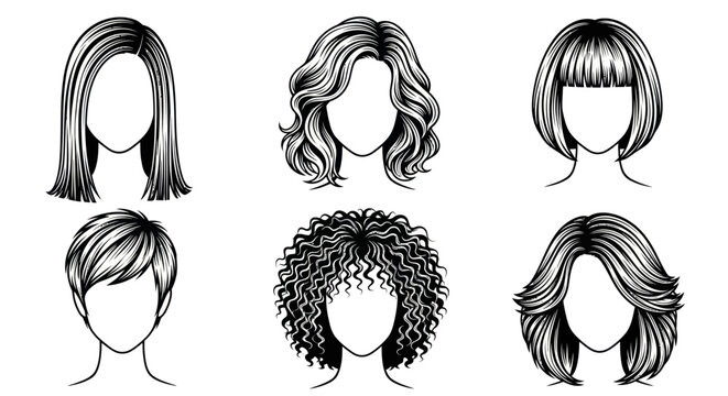 Fashion  Beauty: Black White Line Art Vector Set of Women's Hairstyles  Haircuts
