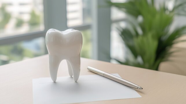 Tooth model and pen on a clean wooden desk symbolizing dental care, clinic consultation, hygiene and professional oral health services