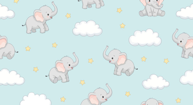 Cute Cartoon Baby Elephants Seamless Pattern Illustration for Kids Nursery
