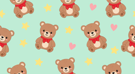 Obraz premium Cute Flat Vector Seamless Pattern with Teddy Bears, Stars, and Hearts for Children's Nursery Design