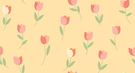 Cute Flat Design Tulip Flowers Seamless Pattern on Pastel Yellow Background