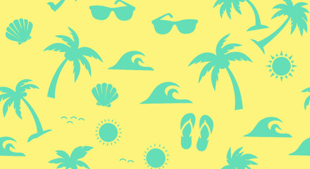 Obraz premium Seamless Summer Beach Vacation Flat Design Vector Pattern with Tropical Icons
