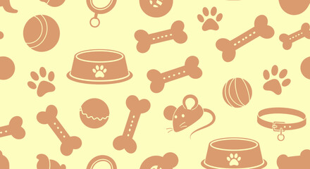 Pet Care Industry Flat Vector Seamless Pattern with Dog Bones, Balls, Bowls, and Cat Toys