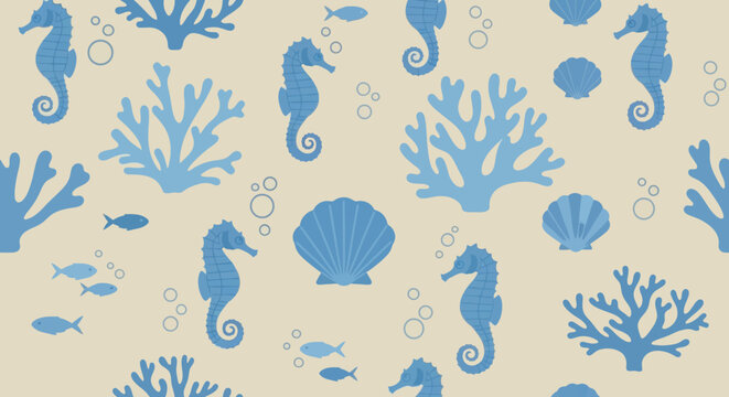 Flat Vector Seamless Pattern: Cute Marine Life with Seahorses, Coral, Shells  Fish on Beige Background