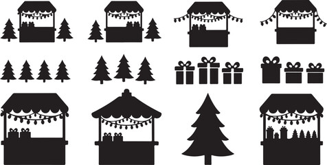 Naklejka premium Christmas Market Silhouette Icons and Symbols Set