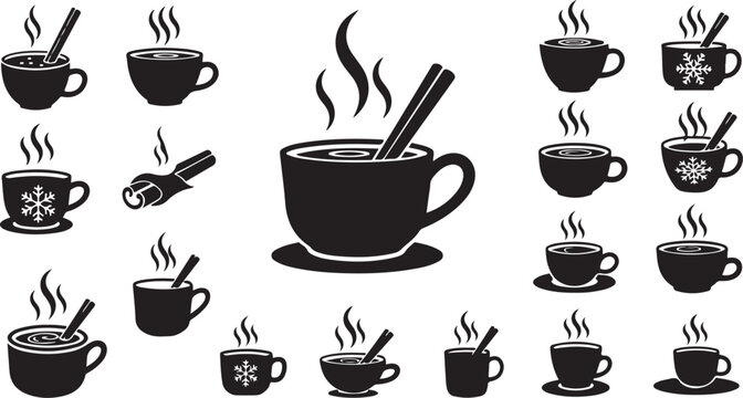 Black and white coffee cups with steam rising