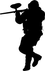 Black silhouette of a paintball player in full gear holding a marker gun isolated on white background © Rizky