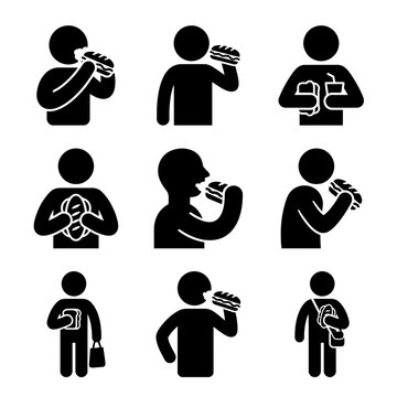 A collection of stick figure icons depicting people eating fast food.