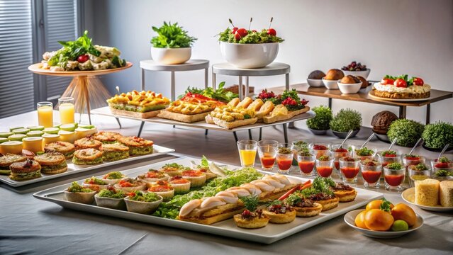 A realistic photo of Elegant catering buffet table with delicious sandwiches canapes and appetizers for celebration event