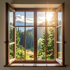 Fototapeta premium An open window frames a scenic mountain vista, bathed in sunlight. Verdant trees and distant peaks create a calming, natural tableau