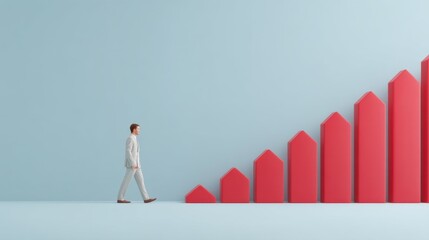 Businessman Walking Towards Red Growth Chart on Blue Background Representing Financial Success and Progress in the Market