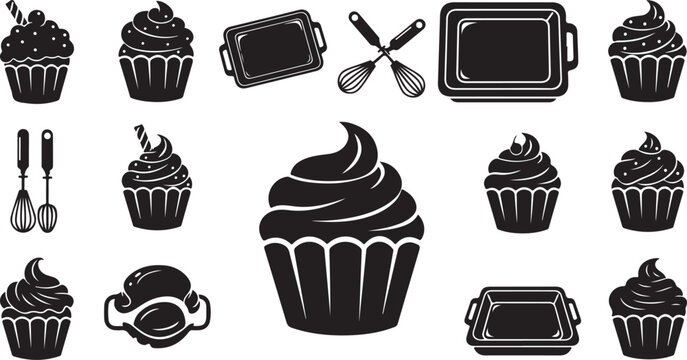 Black and white cupcake icons and baking tools
