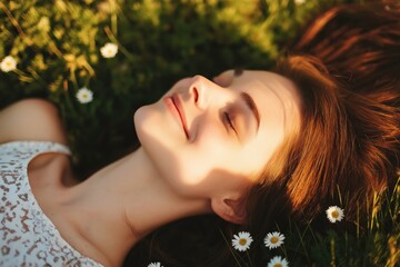 Fototapeta premium Young woman relaxing blissfully in field of daisies, eyes closed and smiling, feeling serene in golden hour light