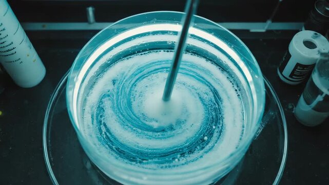 Solution flows like water when stirred, thickens immediately when still, camera captures viscosity transition, dolly