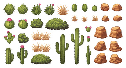 A comprehensive collection of desert flora and natural elements, including various cacti, bushes, dry grass, and rocks, ideal for game design or illustrations. © Aqil Art