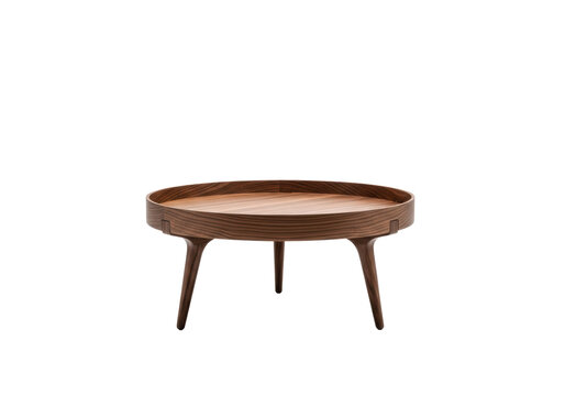 Modern dark walnut low-profile round coffee table with sleek tapered legs and visible wood grain, centered on a transparent background, embodying contemporary japandi design