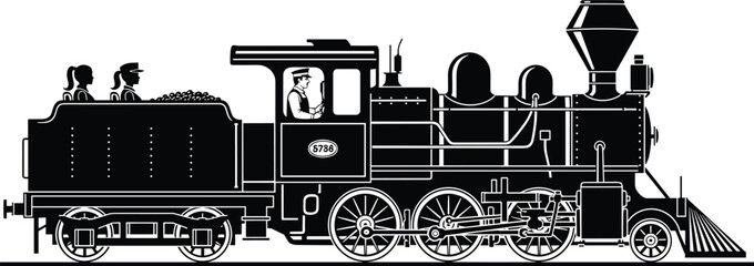 Vintage steam locomotive train silhouette with driver and passengers, classic railway transportation illustration, detailed retro engine isolated on white © Sadekul