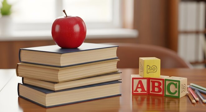 Red apple on stack of books with ABC blocks on table