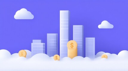 Obraz premium Abstract city skyline with currency symbols in clouds against blue background for financial and economic concepts