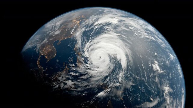 巨大な雲渦が覆う地球を宇宙から撮影した写真