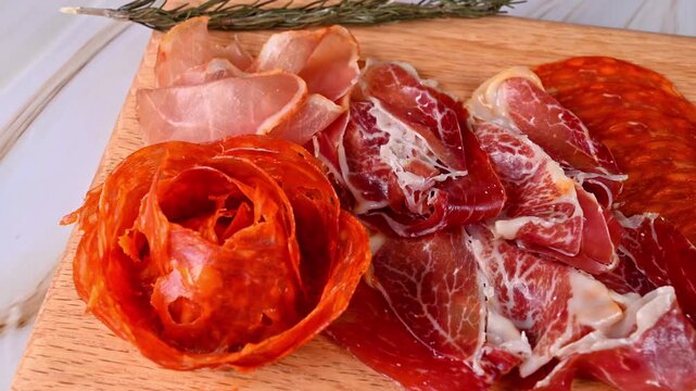 Serano ham and chorizo slices on light wood board over marble texture