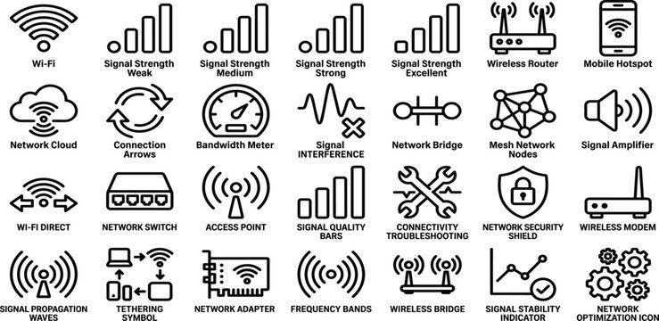Versatile set of linear icons for wireless network connectivity, signal strength, Wi-Fi, internet access, routers, and digital communication symbols