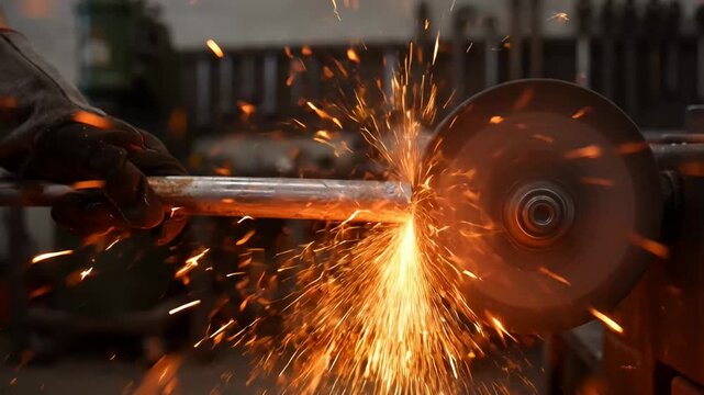 Worker cutting metal pipe with abrasive saw creating sparks in a shop