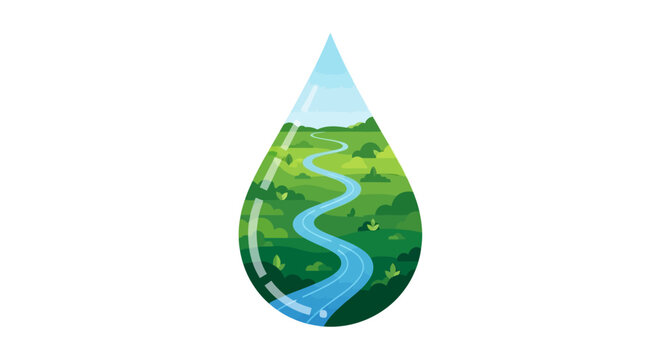Illustration of a water droplet with a winding river and lush greenery inside, symbolizing sustainable living and natural resources on World Water Day, against a clean white background.
