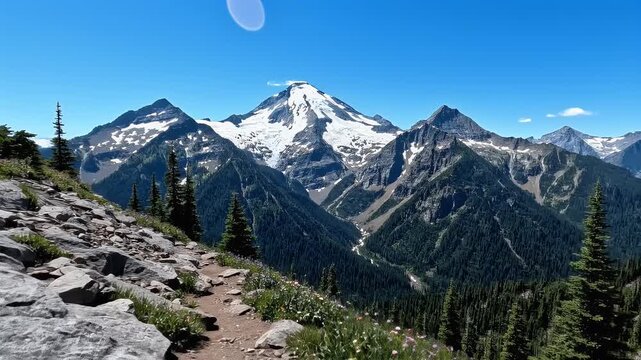 Majestic and Breathtaking View of Snow Patches on the Olympic Mountains, Specifically Mount Olympus, During Hike on Hurricane Hill Ridge in Olympic National Park, Washington, Showcasing the Rugge