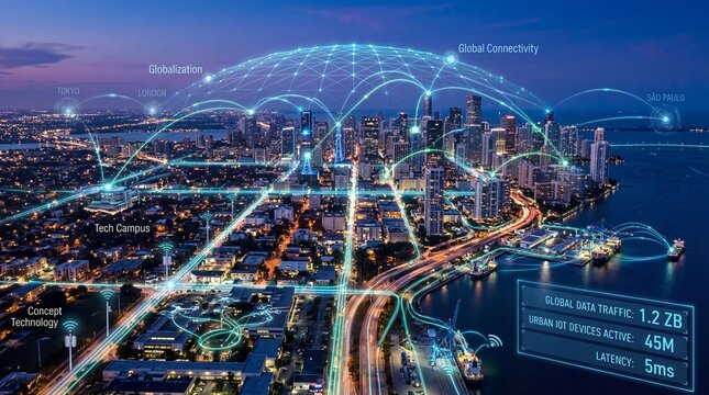 Global connectivity event exploring data traffic trends in urban tech campuses cityscape overview digital innovation
