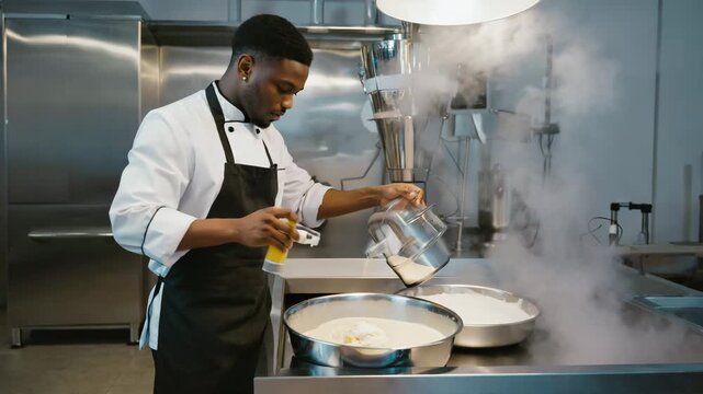 The male chef applies enzyme powder, presses pieces together, bond forms showing protein adhesion, camera stays static 