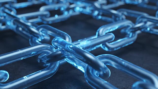 Close-up of shiny blue metal chain links on dark background