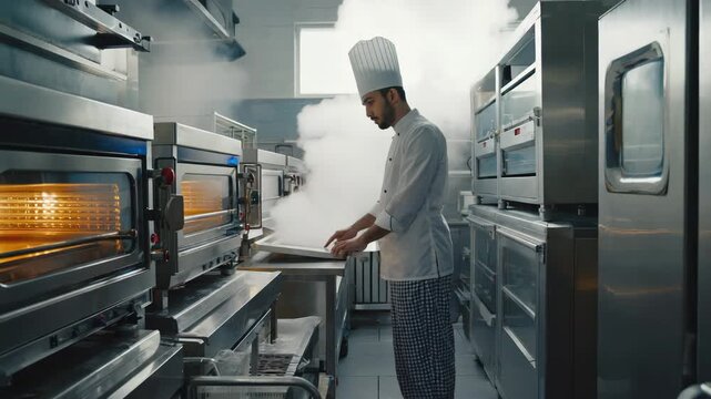 The male chef inputs parameters on touchscreen, oven chamber shows steam injection, camera trucks along oven line
