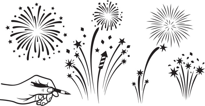 Fireworks illustration with hand drawing sparks and stars exploding