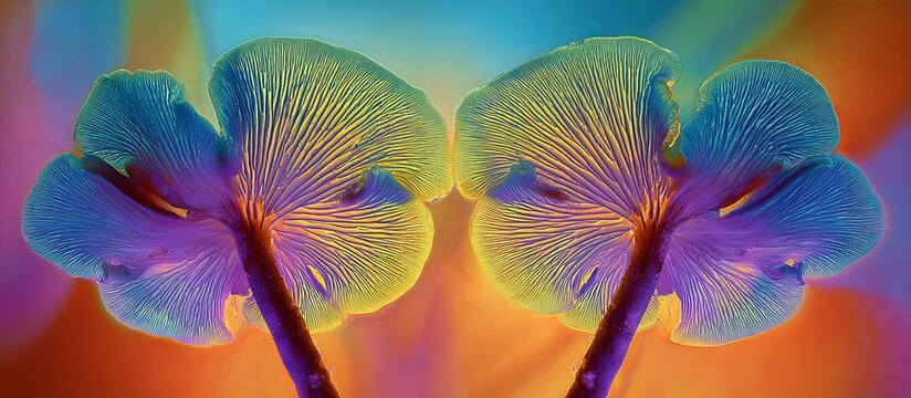 Thermographic photography of psychedelic mushrooms, with vivid colors, symmetrical composition, gradient background, macro lens, soft lighting, in the style of symphonic music.