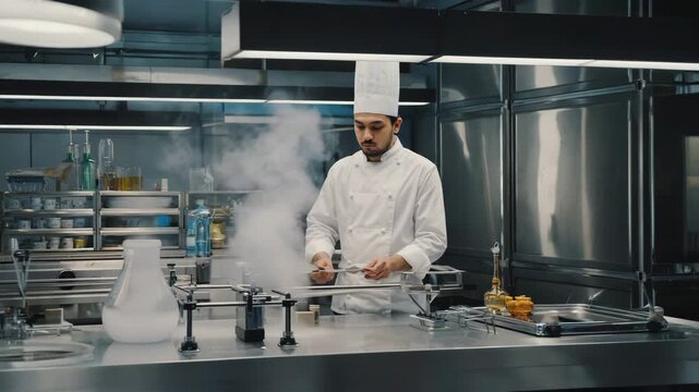  The male chef places sample in texture analyzer, machine compresses measuring firmness, data graphs on computer, pan motion