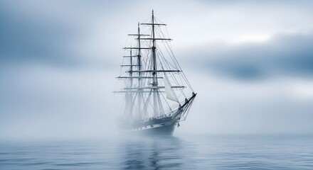 Fototapeta premium Moody and eerie view of the historical Titanic steamship lost in a silent foggy ocean.